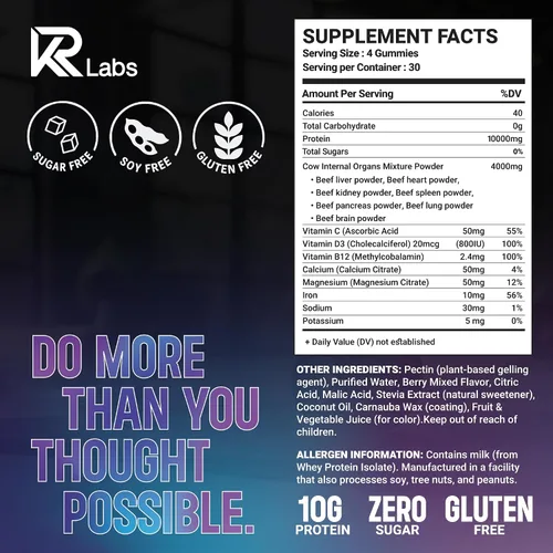 Miniatura 2 de Zero Carb - Gomitas de proteína aislada de suero 100% pura, proteína de carne de res alimentada con pasto 10.58 oz de proteína total por bolsa