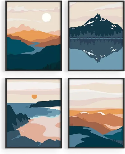 Miniatura 16 de HAUS AND HUES Arte de pared de montaña – Juego de 4 decoración de paisaje moderno de mediados de siglo, naturaleza y arte moderno Marco beige de 8