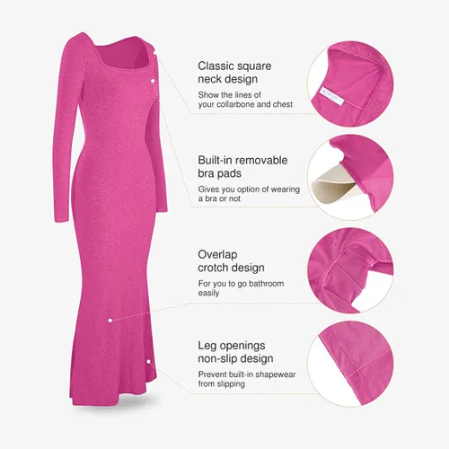 Miniatura 4 de Popilush - Vestido moldeador de manga larga para mujer, vestido de control de abdomen para otoño, con brasier integrado