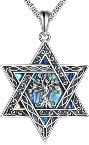 CRMAD Collar de plata de ley con cruz de David, símbolo de paz, urnas, árbol de la vida, concha de abulón, joyería judía para mujeres y hombres