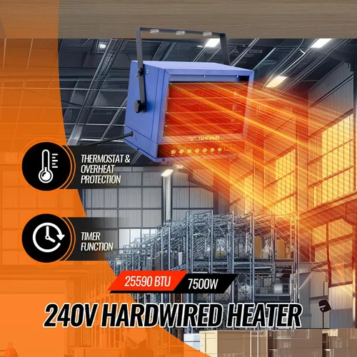 Miniatura 2 de TEMPWARE Calentador eléctrico de garaje de 7500 W, 240 V con cableado digital de montaje en techo con ventilador forzado con control remoto