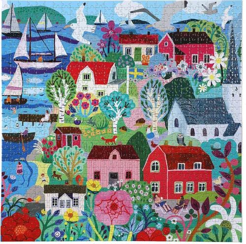 Miniatura 3 de eeBoo Rompecabezas de 1000 piezas, rompecabezas de pueblo pesquero sueco para adultos, cuadrado de 23 x 23 pulgadas, fabricado con tablero reciclado
