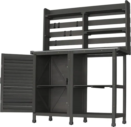 Miniatura 6 de GDLF Mesa de banco para macetas, banco de trabajo grande para jardín, al aire libre, estación de trabajo de mesa de metal con estante de gabinete