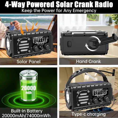 Miniatura 4 de Aivica Radio de Emergencia de 20000mAh, Radio Meteorológica SW/NOAA/AM/FM, Cargador de Manivela Solar con Batería Grande, Portátil, Carga