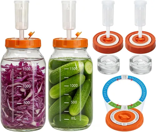 Kit de fermentación para tarro de fermentación de masón de boca ancha, 2 pesos de vidrio, 2 tapas con marcador de fecha, 2 esclusas (sin frascos)