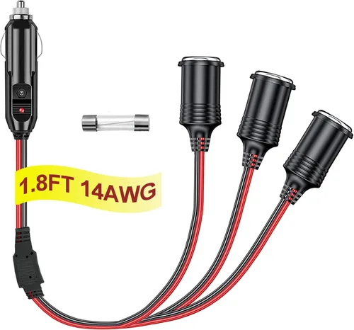 Enchufe Divisor para Encendido de Cigarrillos de 12V 3 Toma 1.8FT - Divisor de Encendido de Cigarrillos de Coche 1 a 3 Adaptador de Cargador de