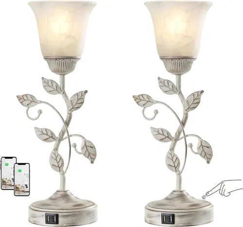 Miniatura 11 de Lámpara de mesa con control táctil con 2 puertos de carga USB, lámparas de mesita de noche regulables de 3 vías, pantalla de vidrio ámbar, lámpara