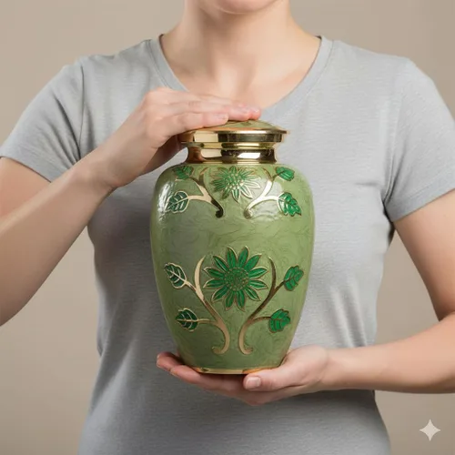 Miniatura 6 de Green Garden - Urna de cremación grande de latón Urna funeraria de latón única con detalles de esmalte dorado y verde Grande