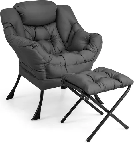 Giantex Silla perezosa con otomana, sofá decorativo con reposapiés plegable, bolsillo de almacenamiento lateral, sillón tapizado de ocio con Gris