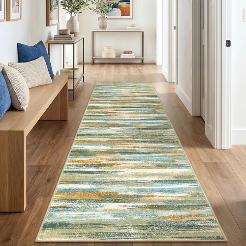 Miniatura 13 de Alfombra de pasillo moderna Lansny 2 x 6 pulgadas, alfombra de cocina lavable verde mostaza multicolor, alfombra antideslizante suave para pasillo