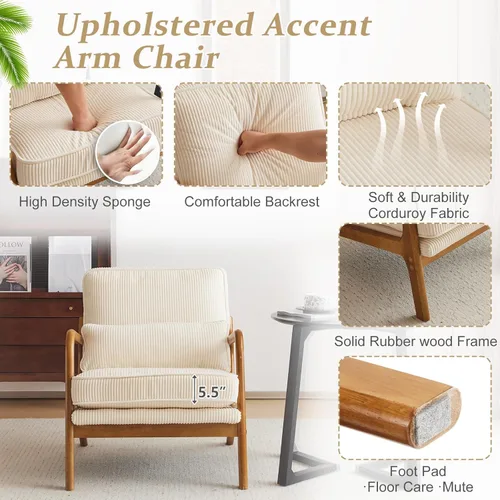 Miniatura 3 de VINGLI Juego Mejorado de 2 Sillones de Acento de Pana Premium, Sillón Tapizado con Brazos, Silla de Lectura Cómoda de Madera Maciza con Almohada
