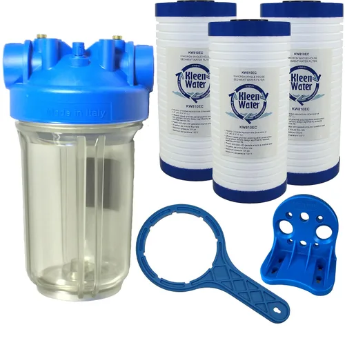 KleenWater Premier - Sistema de filtro de agua para toda la casa, entrada y salida de 1.5 pulgadas, carcasa transparente, 20 GPM con soporte, llave
