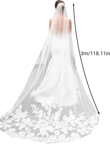Miniatura 4 de Velo de novia con borde de encaje marfil con peine, tul de 118 pulgadas de longitud, Blanco