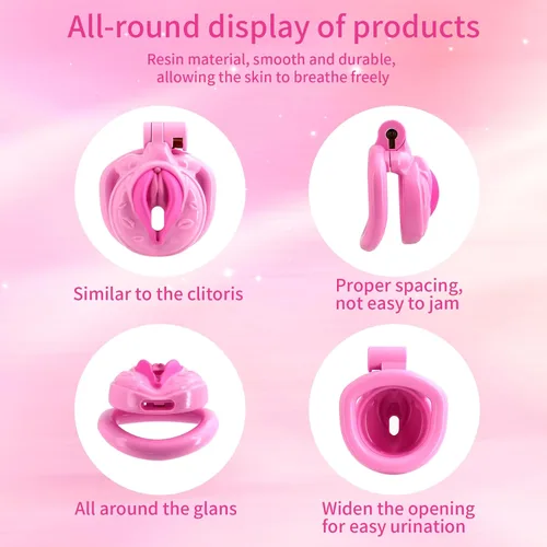 Miniatura 4 de Jaula de castidad masculina ligera ABS + dispositivo de castidad de resina, juguetes sexuales para adultos con 4 tamaños diferentes de anillos, Rosa