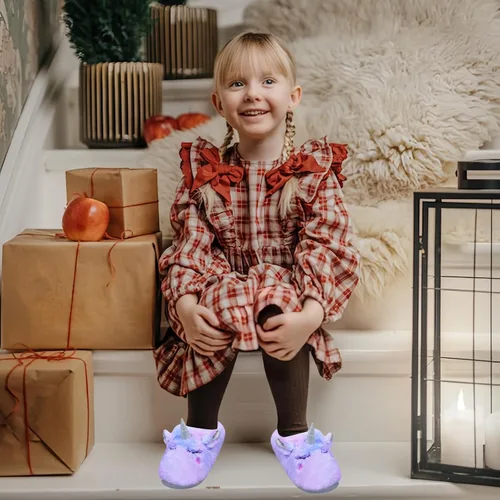Miniatura 5 de EDCYF Pantuflas de felpa para niña, cómodas, de piel sintética, suela de goma antideslizante, zapatos de casa para dormitorio de niños, zapatos