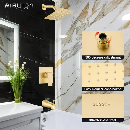 Miniatura 8 de Airuida Juego de grifo de ducha con boquilla de bañera, juego completo de grifo de bañera con válvula de latón macizo y cabezal de ducha cuadrado