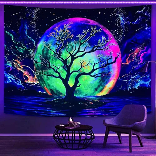 Faxdong Tapiz de luna con luz negra, reactivo a los rayos UV, árbol lago, colorido estrellado, noche estrellada, galaxia, nubes espaciales, tapiz de