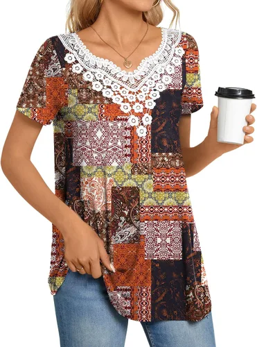 Miniatura 3 de CATHY Blusa de verano para mujer, manga corta, cuello en V, encaje de ganchillo, casual, plisada