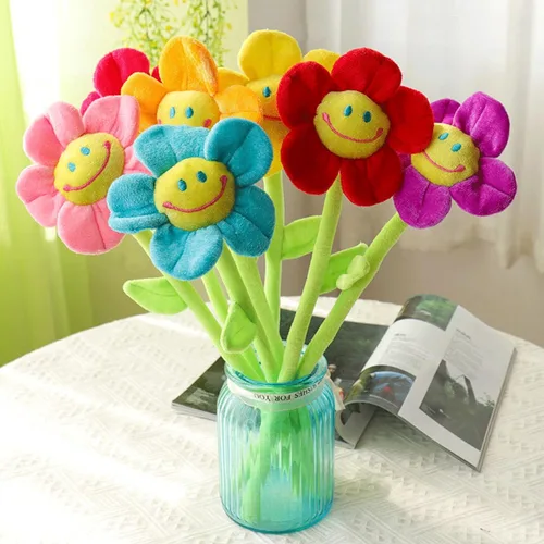Miniatura 2 de Flor artificial de peluche, ramo de girasol de felpa con tallos flexibles, flores rellenas para decoración del hogar para bodas, fiestas, Rojo