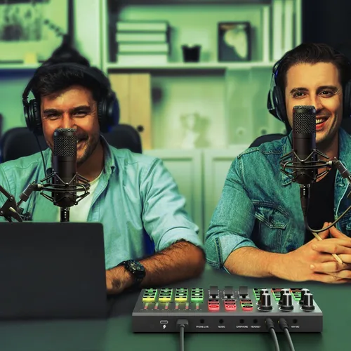 Miniatura 2 de Paquete de equipo de podcast para 2, mezclador de interfaz de audio con micrófonos de condensador, cancelación de ruido, cambio de voz, fantasma