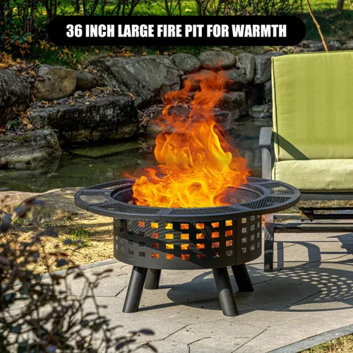 Miniatura 4 de Verdeluxe Hoguera al Aire Libre de 91 cm con Parrilla, Hogueras de Leña para Exteriores con Tapa y Atizador, Mesa de Hoguera 3 en 1 de Metal