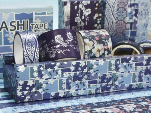 Miniatura 8 de Juego de 8 rollos de cinta adhesiva azul elegante Washi con adornos plateados anchos, cinta decorativa para manualidades, bricolaje, diarios