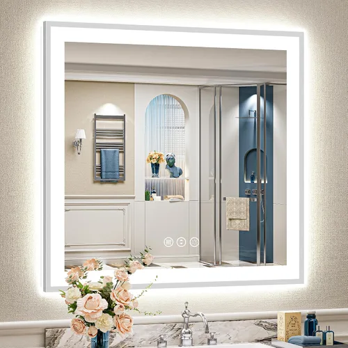 Miniatura 39 de 24x30 Espejo de baño LED con marco negro con luces, retroiluminado + iluminación frontal, espejo de tocador iluminado antivaho para pared de baño