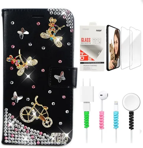 Bling Wallet - Funda de cuero compatible con Google Pixel 6a, elegante, hecha a mano en 3D, con libélula y purpurina para bicicleta, con protector