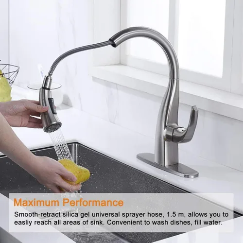 Miniatura 3 de WOWOW Grifos de cocina con dispensador de jabón, cuello de cisne de una sola manija, grifos de fregadero de cocina negros con rociador, arco alto
