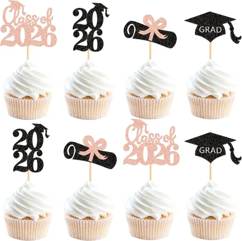 Miniatura 17 de Ercadio 36 piezas 2026 adornos para cupcakes con purpurina negra y dorada para graduación senior So Proud Of You Senior Class of 2026 Way to Go