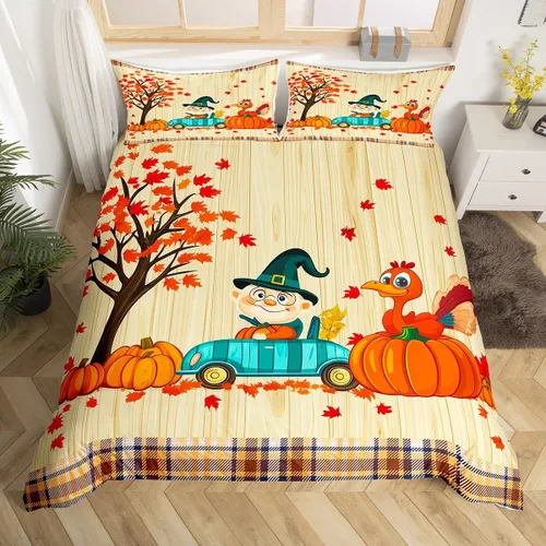Miniatura 21 de Erosebridal Juego de funda de edredón individual de pavo de Acción de Gracias, juego de ropa de cama de calabaza y hojas de otoño para niños