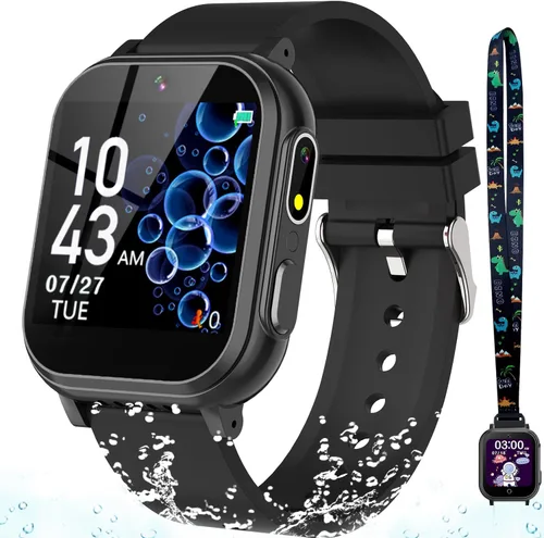 Reloj inteligente impermeable para niños con 32 juegos, cámara dual, video, seguimiento de hábitos, reproductor de música, podómetro, protectores de