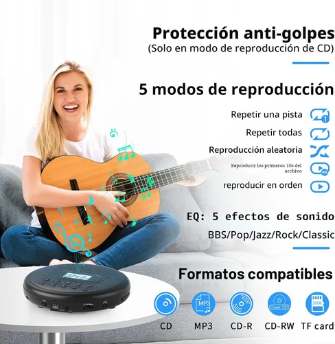 Miniatura 4 de ARAFUNA Reproductor de CD portátil con altavoces estéreo duales, reproductor de CD recargable para automóvil con protección antisaltos, auriculares
