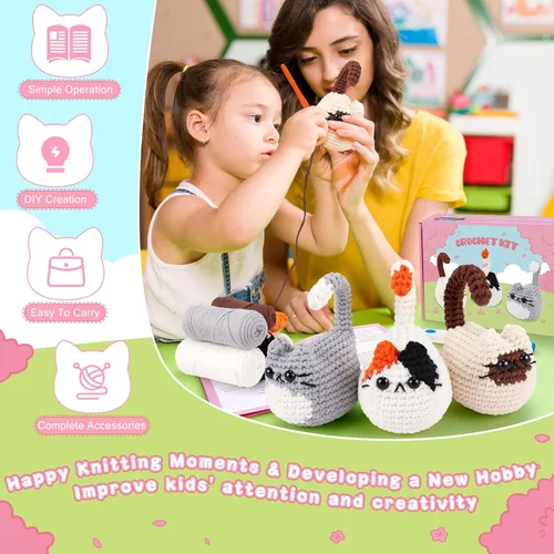 Miniatura 4 de Kit de ganchillo para gatos para principiantes, 3 piezas, kits de ganchillo para gatos, regalos de agradecimiento para profesores para mujeres, kit