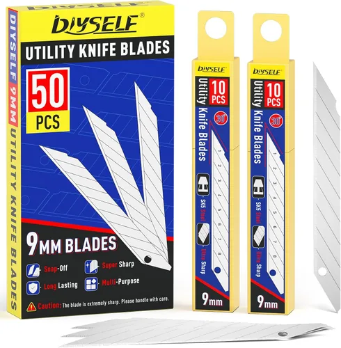 DIYSELF Cuchillas de cuchillo utilitario, paquete de 50 recambios para cuchillo de caja de 9mm con hoja a presión, acero de alto carbono para