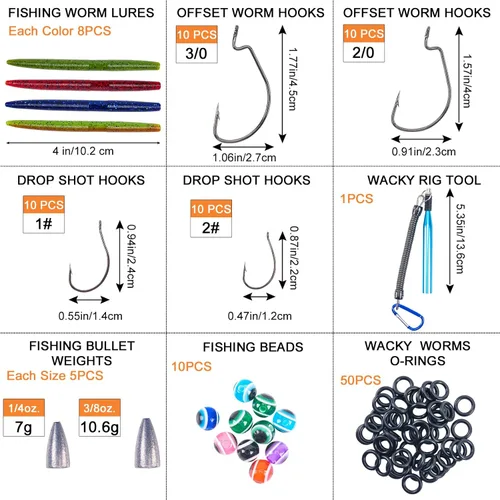 Miniatura 6 de Goture Wacky - Kit de señuelo de pesca con plástico suave, herramientas de aparejo loco, juntas tóricas, ganchos de gusano y lanzamiento, cuentas