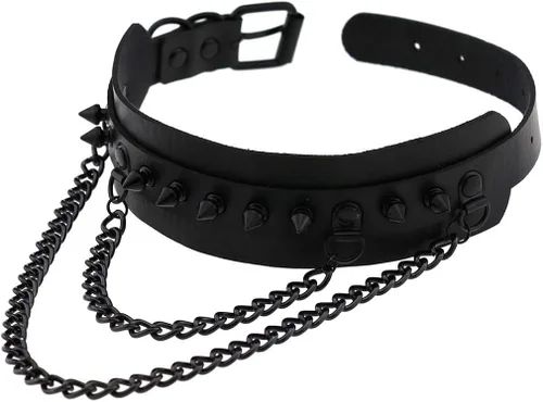 Miniatura 4 de FM FM42 Unisex Multicolor Simulated Leather PU Black-Tone Rivets Spike Spiked 2 Layer Chains Choker Collar Necklace