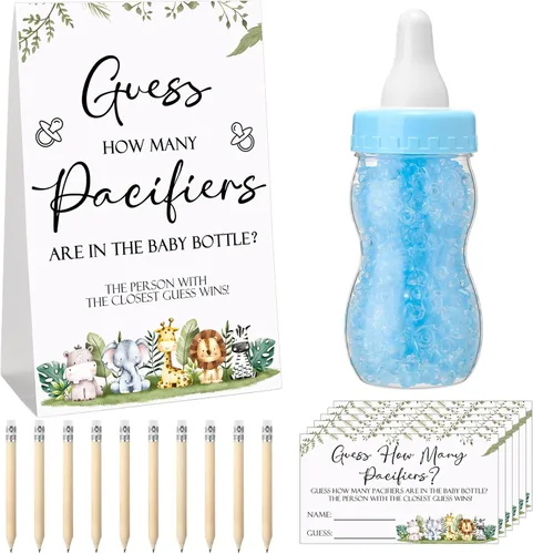 Roowest 512 piezas de juegos de baby shower Adivina cuántos chupetes letrero, 100 pequeños juegos de adivinanzas, 10 lápices HB, botella de leche de