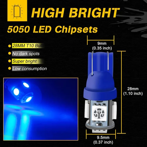 Miniatura 2 de Qasim Bombilla LED azul de 194, T10 W5W 2825, 158, 192, 168, 194, cuña 5-SMD 5050, ultra azul, para interior del automóvil, 12 V CC (paquete de 10)