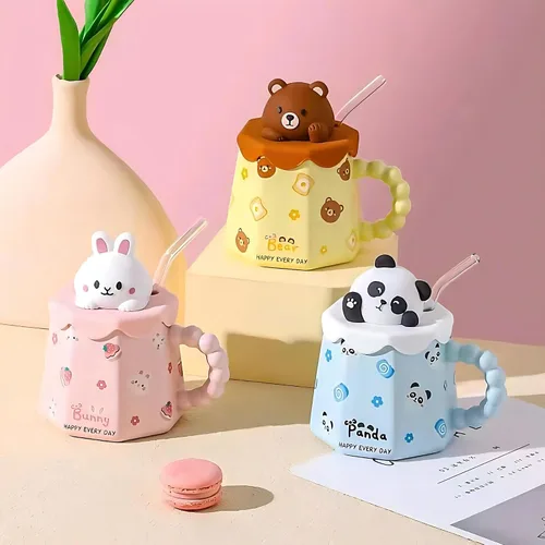 Miniatura 5 de Taza GawmFoiuy Mark con pajita, taza de cerámica con estampado de animales, 414 ml, tazas de café y té kawaii, tazas de animales divertidas, taza