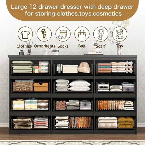 Miniatura 4 de Cómoda negra de 12 cajones para dormitorio, cómoda moderna con cajones profundos de 63 pulgadas, cómoda de almacenamiento ancha y larga, muebles