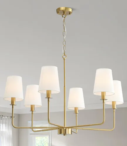Candelabro clásico de 6 luces con acabado dorado cepillado y pantallas de lino, base E12, lámpara rústica de techo para isla de cocina, comedor,