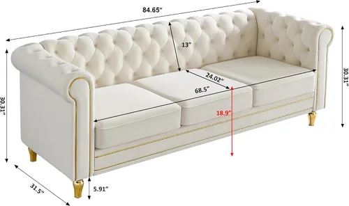 Miniatura 3 de Sofá Chesterfield de terciopelo de 84 pulgadas, sofá moderno de 3 plazas de mediados de siglo con brazos enrollados, marco de madera maciza y patas