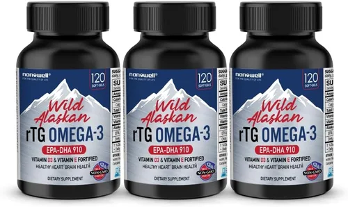 NANOWELL Wild Alaskan rTG Omega-3 Aceite de pescado 1196mg - EPA, DHA, vitamina D3 y E - 120 cápsulas blandas x 3 botellas (360 unidades)