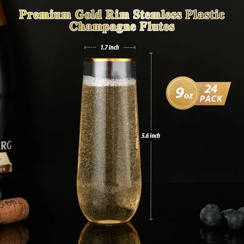 Miniatura 5 de FOCUSLINE Paquete de 24 copas de champán de plástico sin pie de 9 onzas con borde dorado, vasos de champán transparentes, irrompibles, desechables
