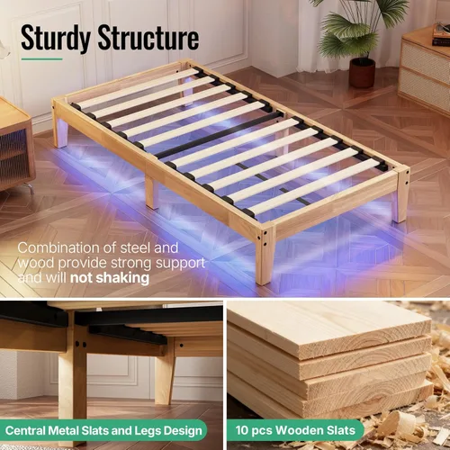 Miniatura 4 de Cama de plataforma de madera maciza de tamaño individual con luz LED, diseño sin ruido con soporte de listones de metal y madera, no necesita