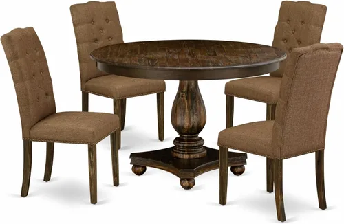 East West Furniture F2EL5-718 - Juego de mesa y sillas de cocina de 5 piezas, incluye una mesa de comedor redonda con pedestal y 4 sillas Parson de