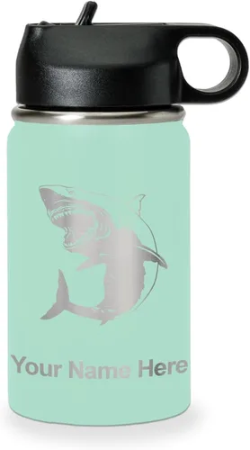Miniatura 60 de LaserGram Botella de agua personalizada, gran tiburón blanco, acero inoxidable de doble pared aislada al vacío con popote superior, regalo grabado