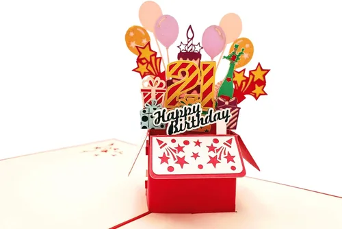 Miniatura 2 de iGifts And Cards Tarjeta desplegable 3D de cumpleaños 21 – Caja de fiesta roja de moda sorpresa con globos, regalos y vibraciones de alegría