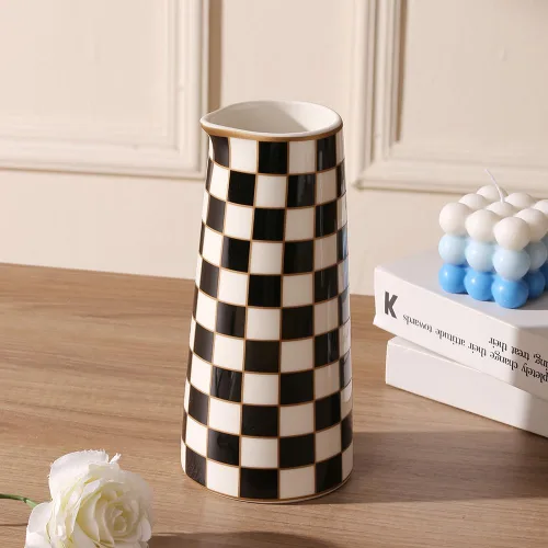 Miniatura 5 de Porlien Juego de 2 floreros de porcelana a cuadros para decoración del hogar, con botellas pequeñas de flores de interior de 5.5 pies de alto y 8